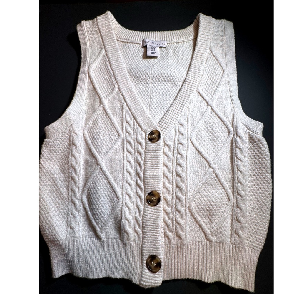 Sincerely Jules Womens Cream Cable Knit Button Front V-Neck Sweater Vest Medium